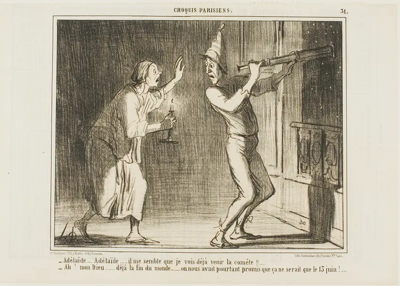 “- Adelaide, Adelaide.. I think I can see the comet coming!!... - Oh my God... this is the end of the world.... how annoying. They promised it wouldn't come until June 13!,” plate 31 from Croquis Parisiens