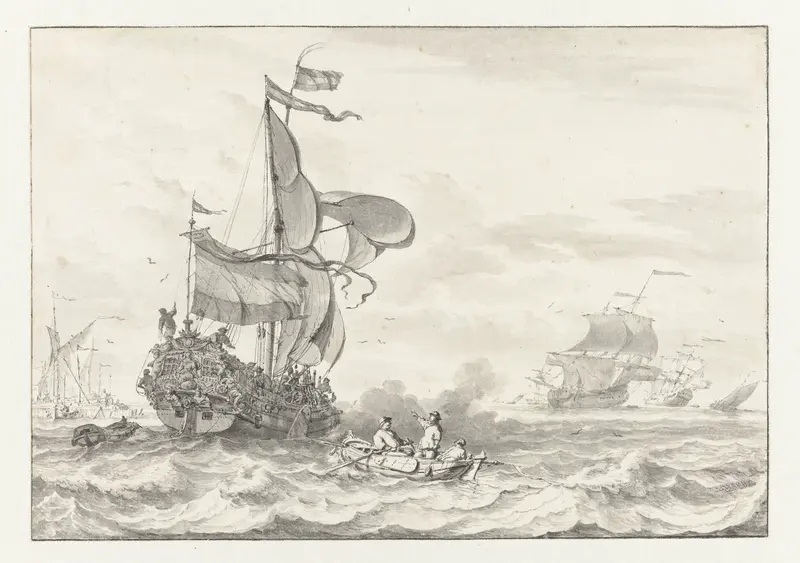 Admiraliteitsjacht op weg naar een voor anker liggende vloot Wall Art by Ludolf Bakhuysen - High-Resolution Digital Print