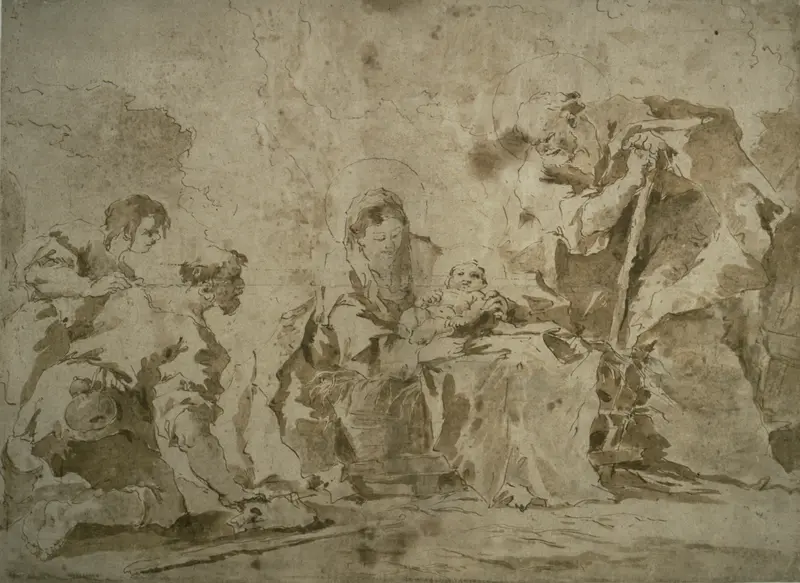 Adoration of the Shepherds (recto); Three Sketches: Buildings by Canal with Boats, Landscape with Buldings on Hillside, Buildings with Portico (verso) Wall Art by Francesco Guardi - High-Resolution Digital Print