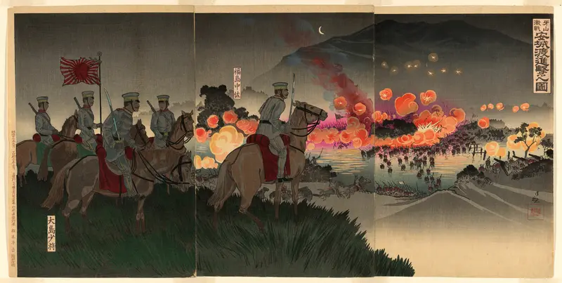 Advancing across the Ansong River at the Battle of Asan (Gazan gekisen Anjo no watashi shingeki no zu)