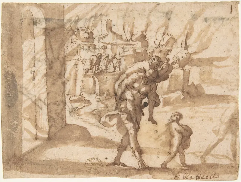 Aeneas Carrying Anchises in the Burning of Troy Wall Art by Francesco Allegrini - High-Resolution Digital Print