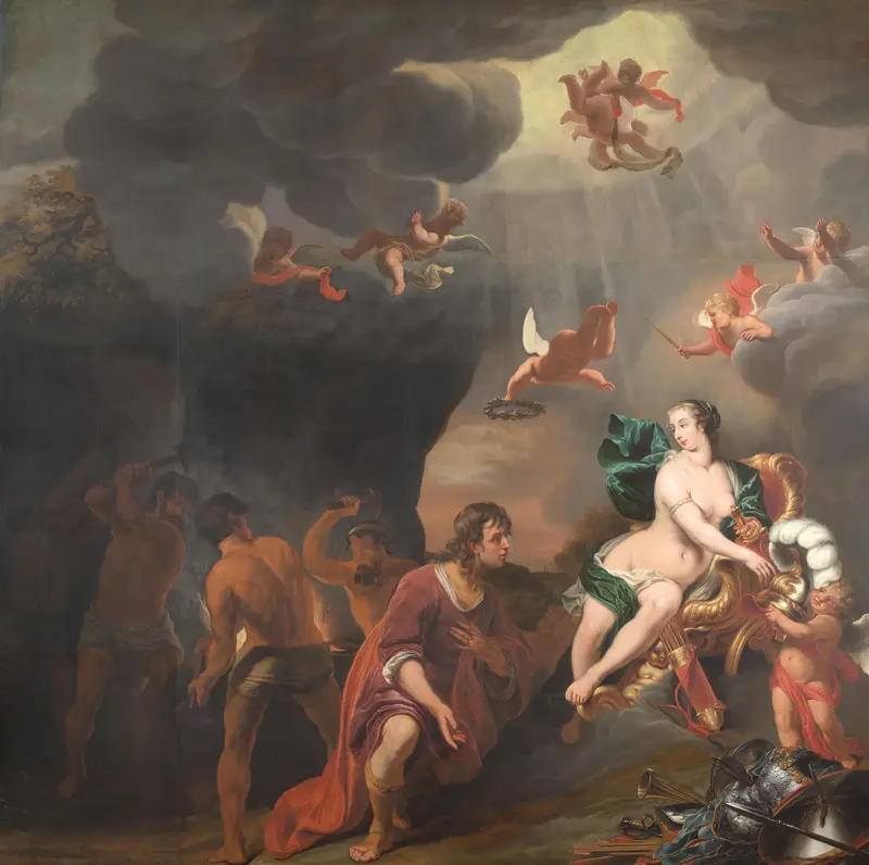 Aeneas ontvangt door voorspraak van Venus een nieuwe wapenrusting in de smidse van Vulcanus Wall Art by Ferdinand Bol - High-Resolution Digital Print