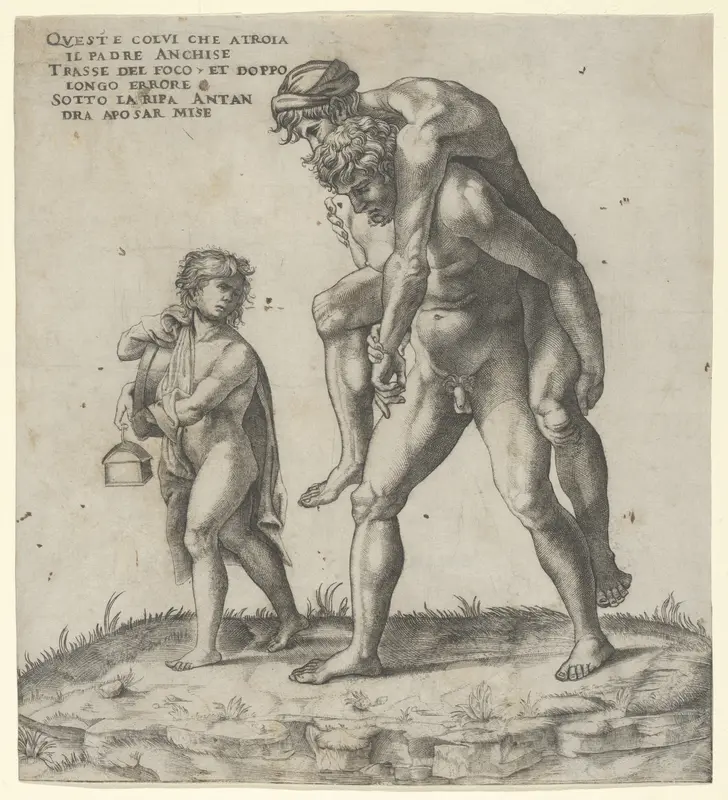 Aeneas rescuing Anchises, a young boy carrying a lantern at left