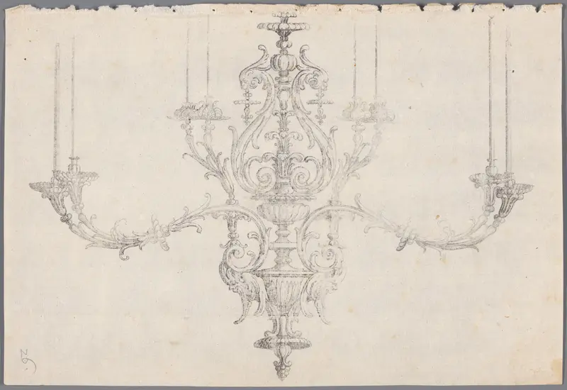 Afdruk van een tekening van een kroonluchter met maskers Wall Art by anonymous - High-Resolution Digital Print