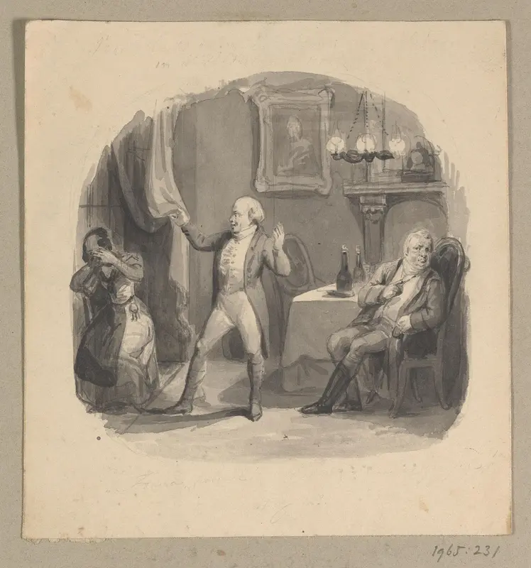 Afluisterende vrouw achter een gordijn betrapt door twee mannen Wall Art by Johann Wilhelm Kaiser (I) - High-Resolution Digital Print