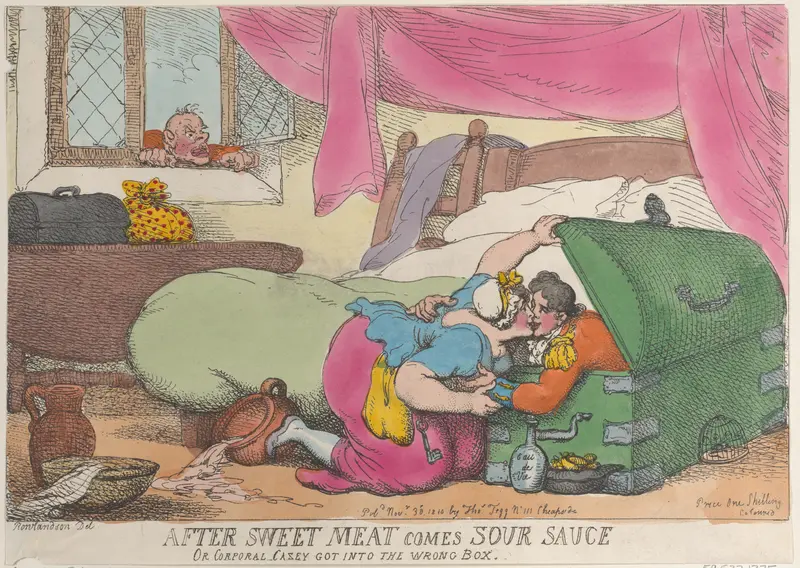 After Sweet Meat Comes Sour Sauce, or Corporal Casey Got into the Wrong Box Wall Art by Thomas Rowlandson - High-Resolution Digital Print