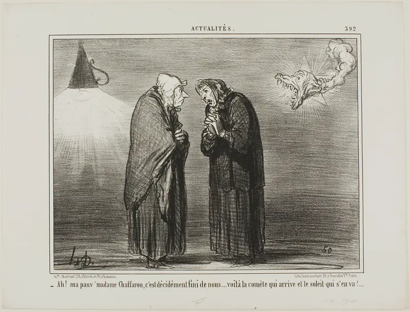 “- Ah, my dear Madame Chaffarou... this surely must be the end... the comet is coming and the sun is going,” plate 392 from Actualités
