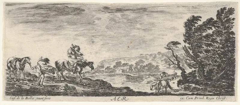 Air, a landscape during a hurricane, three horsemen battling the wind, a mass of trees to the right, from "The Four Elements" (Les Quatre Eléments) Wall Art by Stefano della Bella - High-Resolution Digital Print