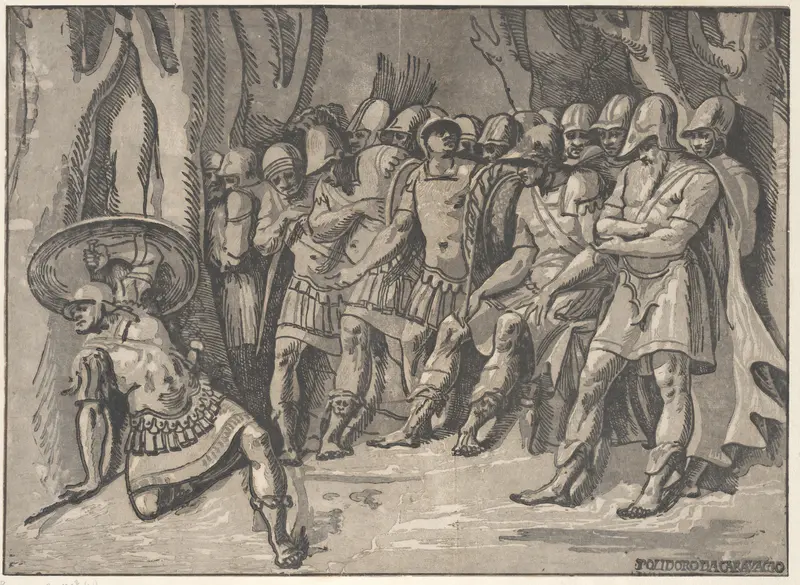 Ajax lower left holding a shield aloft, at the right stands Agamemnon surrounded by his soldiers Wall Art by Niccolò Vicentino - High-Resolution Digital Print
