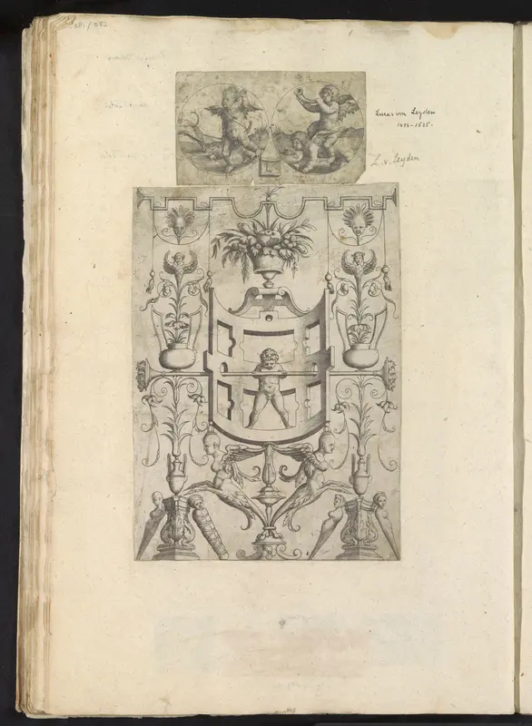 Albumblad met twee prenten met putti in cirkels en ornament Wall Art by anonymous - High-Resolution Digital Print