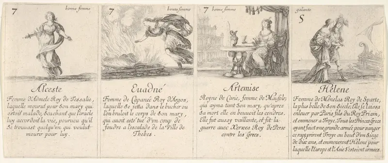 Alceste, Euadné, Artemise, and Helene, from "The Game of Queens" (Le Jeu des Reines Renommées) Wall Art by Stefano della Bella - High-Resolution Digital Print