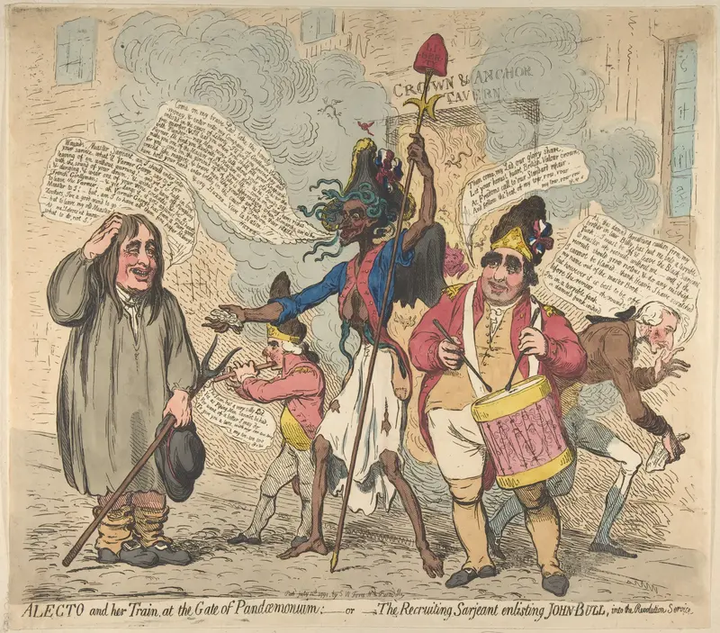 Alecto and Her Train, at the Gate of Pandaemonium:–or–The Recruiting Sarjeant Enlisting John Bull, Into the Revolution Service Wall Art by James Gillray - High-Resolution Digital Print