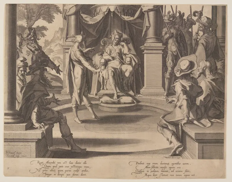 Alexander the Great as a Judge, plate 10 from Thrones of Justice (Thronus Iustitiae) Wall Art by Willem van Swanenburgh - High-Resolution Digital Print