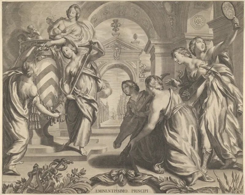 Allegorial Composition with the Coat of Arms of Cardinal Richelieu and Charity Wall Art by Grégoire Huret - High-Resolution Digital Print