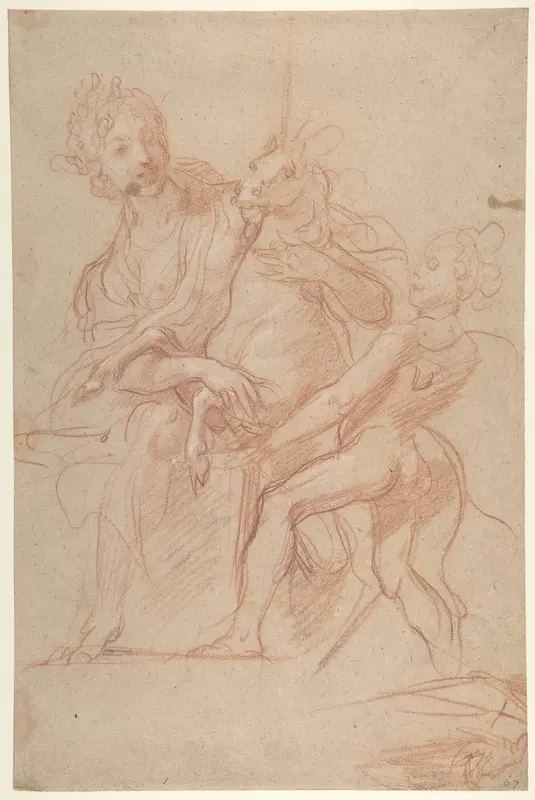 Allegorical Figure of Purity with a Unicorn and Putto (recto); Study of a Nude Boy (verso) Wall Art by Baldassarre Franceschini (il Volterrano) - High-Resolution Digital Print