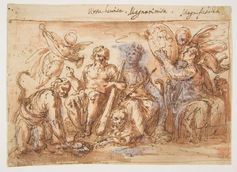 Allegorical Figures: Force, Hercules Strangling the Hydra, Plenty, and Fame Wall Art by Bernardino Rodriguez ("Bernardino Siciliano") - High-Resolution Digital Print