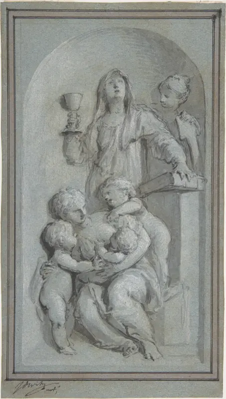 Allegorical Figures of Faith, Hope and Charity in a Niche Wall Art by Jacob de Wit - High-Resolution Digital Print