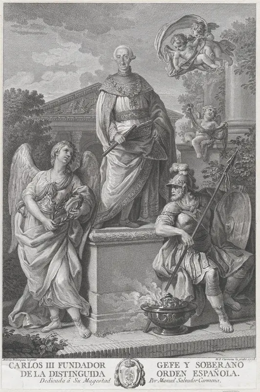 Allegorical portrait of Carlos III standing on a pedestal flanked by figures (War and Peace?) Wall Art by Manuel Salvador Carmona - High-Resolution Digital Print