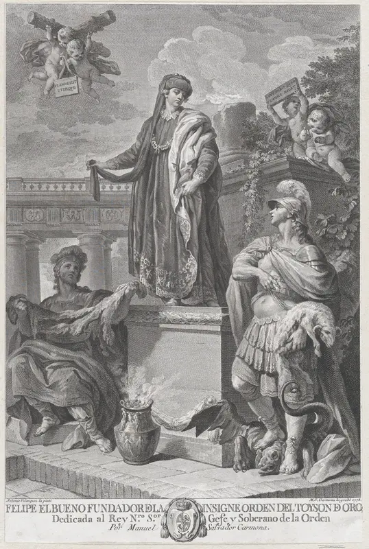 Allegorical portrait of Felipe el Bueno (Philip the Good Duke of Burgundy) founder of the Order of the Golden Fleece Wall Art by Manuel Salvador Carmona - High-Resolution Digital Print