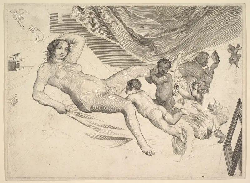 Allegorical Subject: Nude Woman, Three Children and a Mousetrap (La Sourcière) Wall Art by Claude Mellan - High-Resolution Digital Print