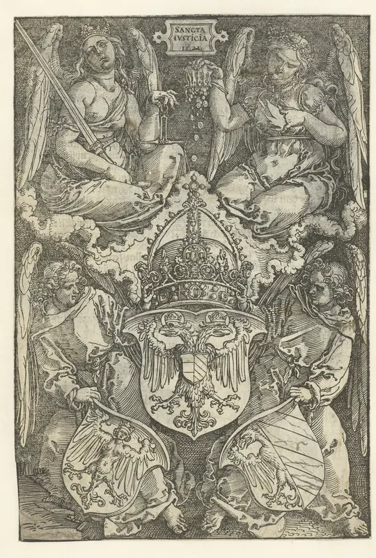 Allegorie met het wapenschild van het keizerrijk en twee wapenschilden van de stad Neurenberg Wall Art by Albrecht Dürer - High-Resolution Digital Print