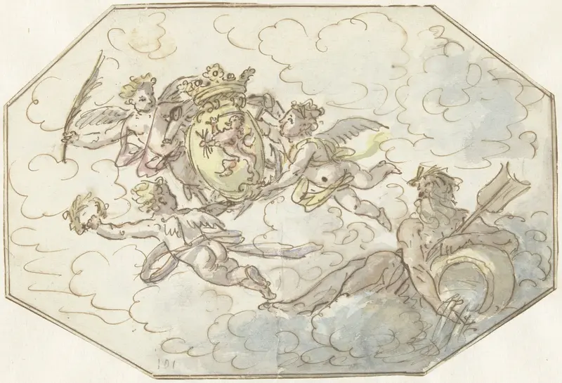 Allegorie met putti met wapen en stroomgod Wall Art by anonymous - High-Resolution Digital Print