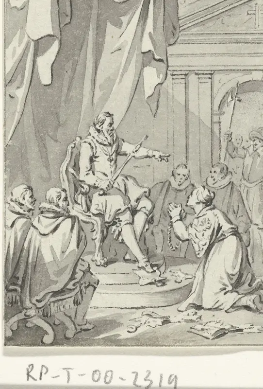 Allegorie op de invoering van de tiende penning; de Nederlandse maagd geknield voor Alva temidden van verscheurde privileges, 1571 Wall Art by Jacobus Buys - High-Resolution Digital Print