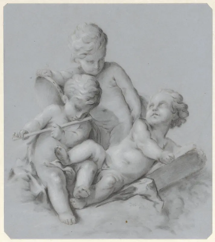 Allegorie op de muziek, dans en poëzie uitgebeeld door drie Putti Wall Art by Ary Scheffer - High-Resolution Digital Print