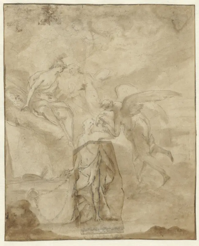 Allegorie op de schilderkunst met Prometheus, Mercurius, Minerva en Pictura bij een schildersezel waarop een schilderij Wall Art by anonymous - High-Resolution Digital Print