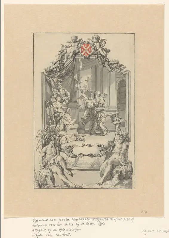 Allegorie op de zijde-industrie in Amsterdam met de Stedenmaagd die balen zijde ontvangt Wall Art by Nicolaas Verkolje - High-Resolution Digital Print