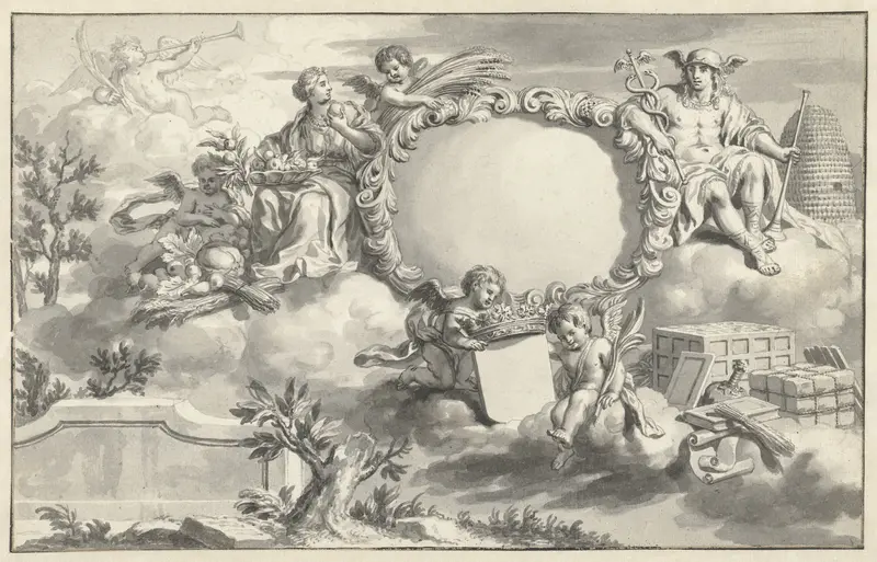 Allegorische voorstelling met cartouches en diverse figuren Wall Art by Philip Tidemann - High-Resolution Digital Print