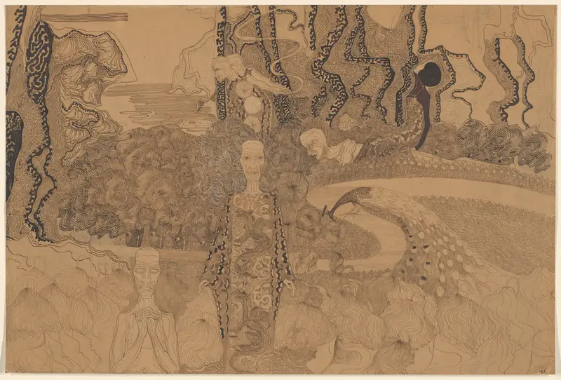 Allegorische voorstelling met figuren en een pauw in een tuin Wall Art by Unknown - High-Resolution Digital Print