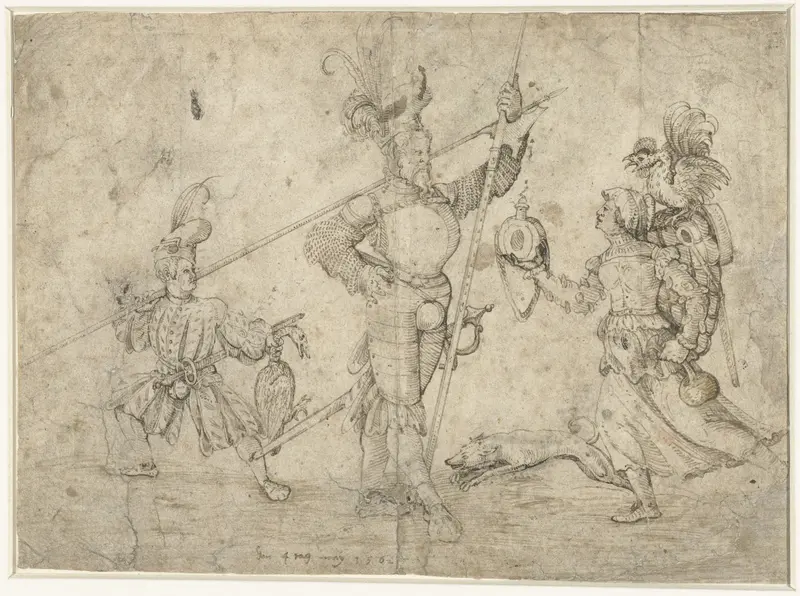 Allegorische voorstelling met hellebaardier, schildknaap en vrouw Wall Art by Unknown - High-Resolution Digital Print