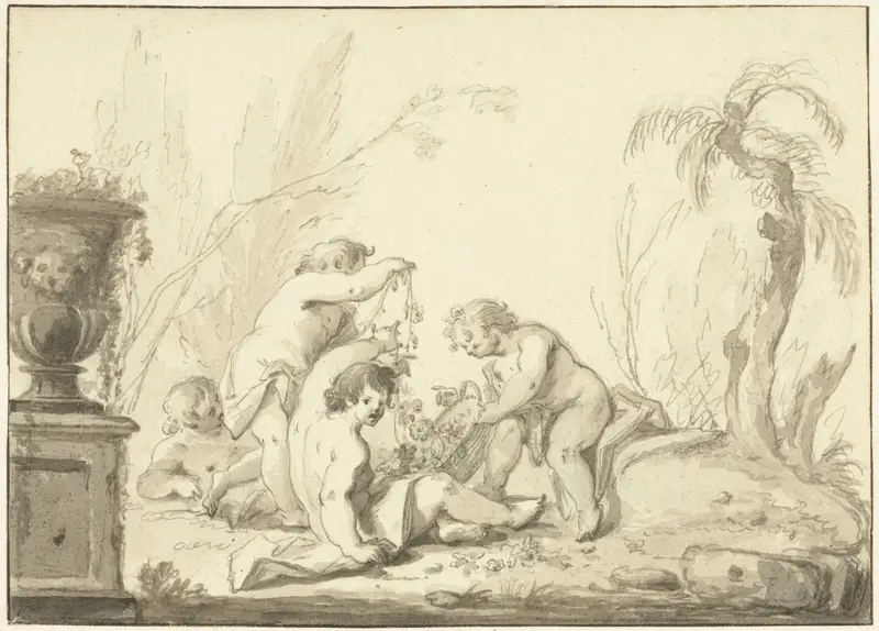 Allegorische voorstelling met kinderen met een mand met bloemen Wall Art by Johann Heinrich Keller (II) - High-Resolution Digital Print