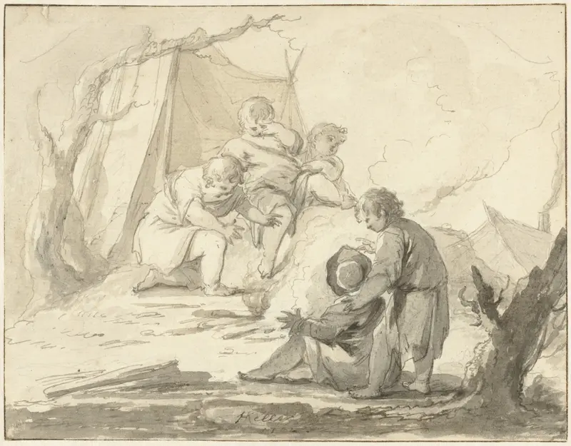 Allegorische voorstelling met kinderen rond een vuurtje Wall Art by Johann Heinrich Keller (II) - High-Resolution Digital Print