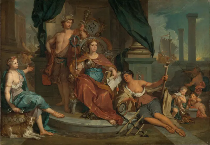 Allegorische voorstelling van de Amsterdamse Kamer van de Verenigde Oost-Indische Compagnie Wall Art by Nicolaas Verkolje - High-Resolution Digital Print