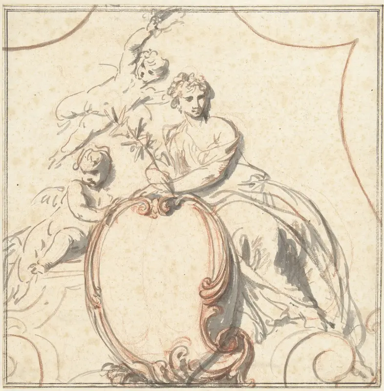Allegorische vrouwenfiguur met twee putti boven een rocaille cartouche Wall Art by Jacob de Wit - High-Resolution Digital Print