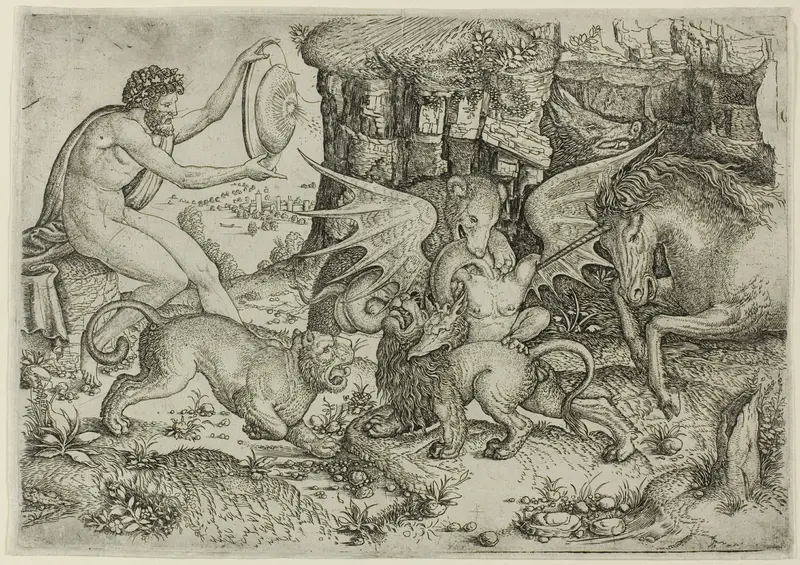 Allegory: Combat of Animals in the Presence of Man with Shield Wall Art by Master of the Beheading of St. John the Baptist - High-Resolution Digital Print