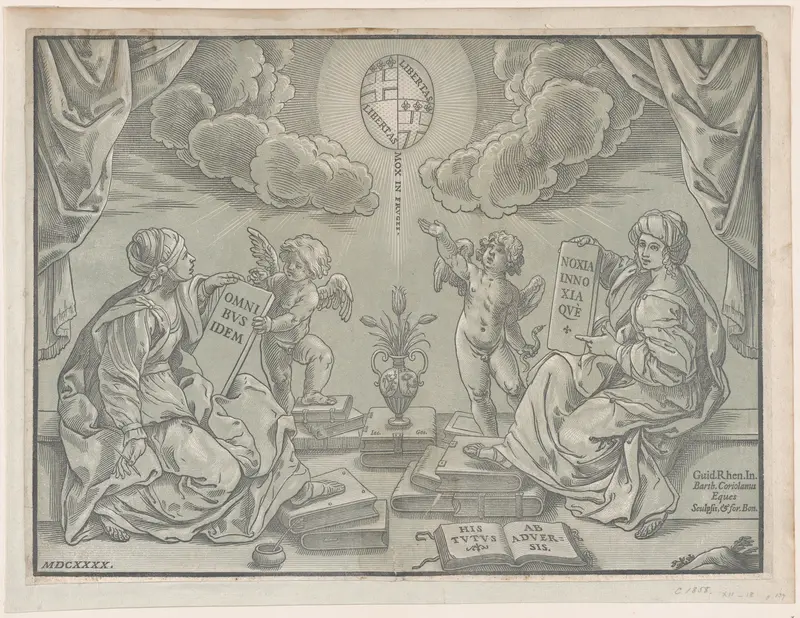 Allegory of a thesis, two women hold inscribed tablets Wall Art by Bartolomeo Coriolano - High-Resolution Digital Print