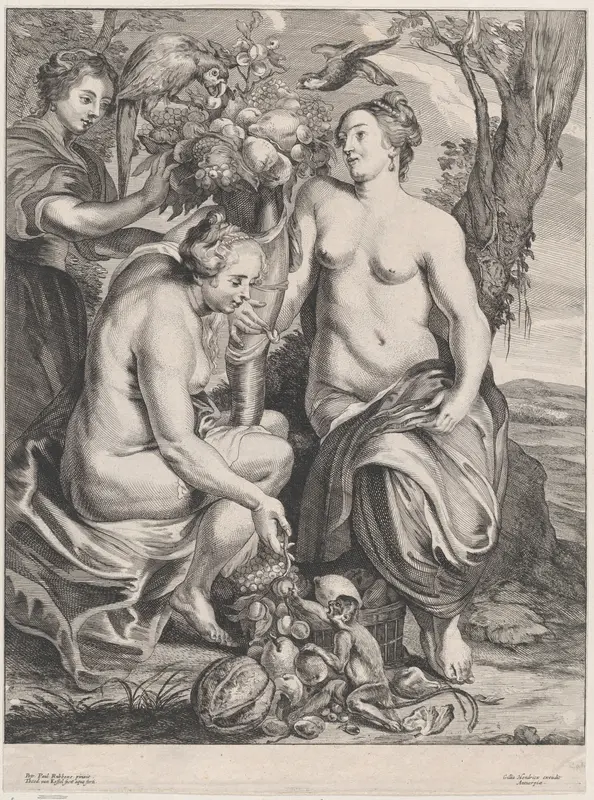 Allegory of abundance: Ceres holding a cornucopia at right and Pomona at left feeding fruit to a monkey Wall Art by Theodor van Kessel - High-Resolution Digital Print