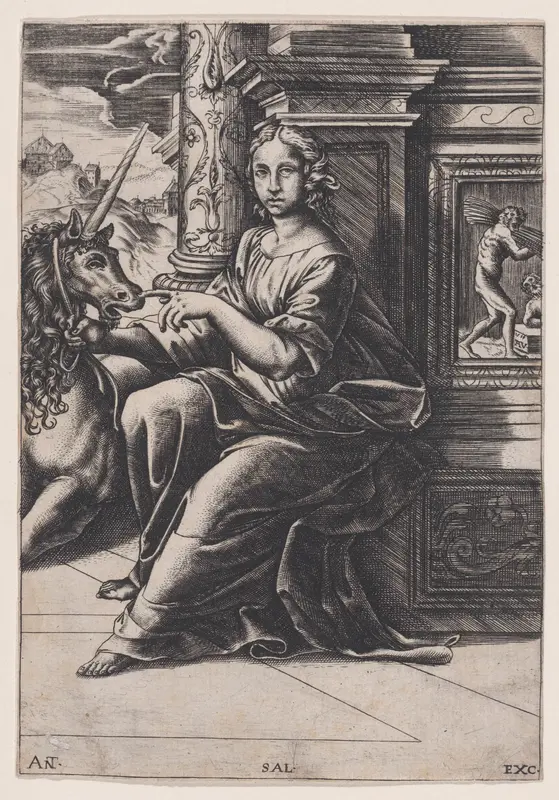 Allegory of Chastity, woman seated, a unicorn to her right