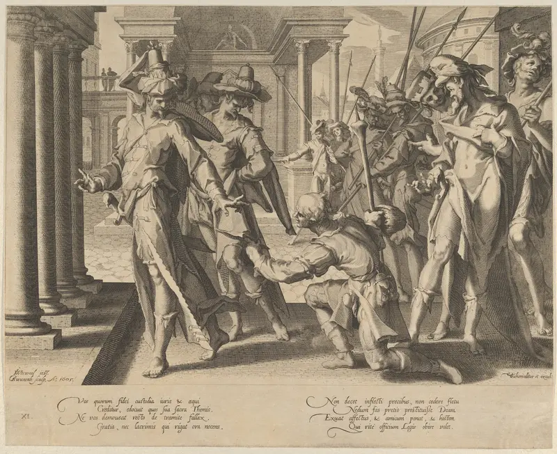 Allegory of Justice depicting a street scene with a shepherd giving a sheet of paper to a judge at left, who rejects it, plate 11 from "Thronus Justitiae, tredecim pulcherrimus tabulis..." Wall Art by Willem van Swanenburg - High-Resolution Digital Print