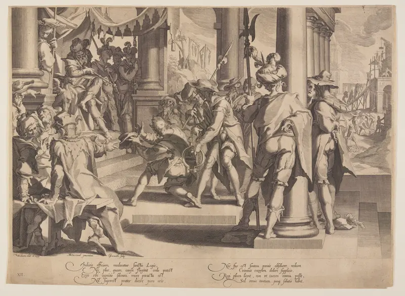 Allegory of Justice, Sanctity of Law, plate 12 from Thrones of Justice (Thronus Iustitiae) Wall Art by Willem van Swanenburgh - High-Resolution Digital Print