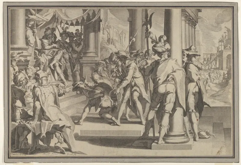 Allegory of Justice (Sanctity of the Law) with a court scene depicting a man being pardoned by a judge, plate XII from "Thronus Justitiae, tredecim pulcherrimus tabulis..." Wall Art by Willem van Swanenburg - High-Resolution Digital Print