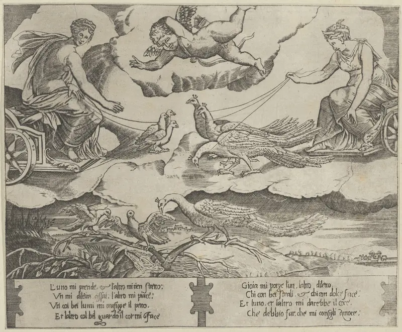 Allegory of Marriage and Love; Juno in a chariot drawn by peacocks at right,Venus in a chariot drawn by three doves at the left Wall Art by Anonymous, 16th century - High-Resolution Digital Print