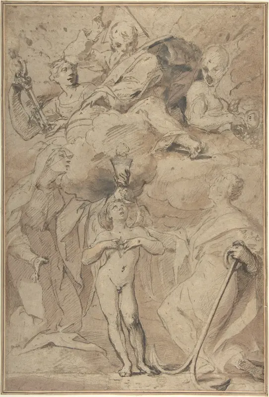 Allegory of Religion (God the Father above, Faith, Hope, and Charity below) Wall Art by Ludovico Lana - High-Resolution Digital Print