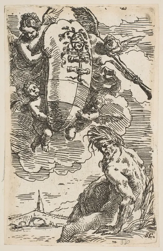 Allegory of the Foglia River with the city of Pesaro's coat of arms, frontispiece for "Il Pesarese" Wall Art by Simone Cantarini - High-Resolution Digital Print