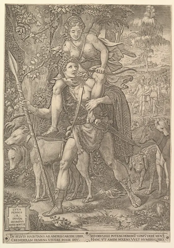 Allegory of the Hunt; a hunter holding a large spear carrying a woman (Diana?) on his shoulders; five hunting dogs in the foreground and a retinue of male and female hunters in the background Wall Art by Giorgio Ghisi - High-Resolution Digital Print