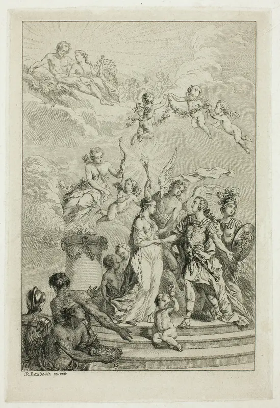 Allegory of the Marriage of the Dauphin Louis to the Infanta Maria Theresa of Spain Wall Art by Pierre-Antoine Baudouin - High-Resolution Digital Print