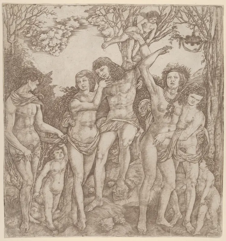 Allegory of the Power of Love, with a man at center embracing a semi-naked woman, who is bound to a tree by Cupid Wall Art by Cristofano di Michele Martini (Il Robetta) - High-Resolution Digital Print